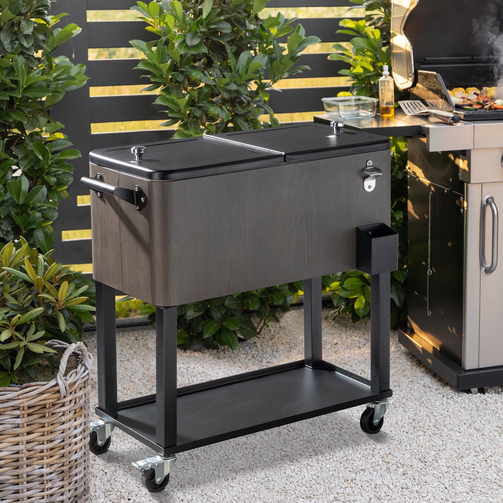 HAOYYE Rectangular Plastic Box Cooler Cart with Iron Foot Tube, Insulated Beverage Cart with Bottle Opener and Drainage Cap, 2 Locking Casters, Ideal for Outdoor Parties, BBQs, and Events