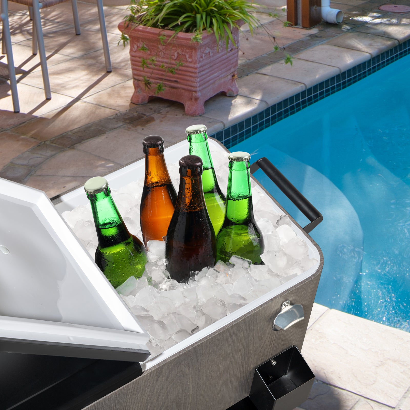 HAOYYE Rectangular Plastic Box Cooler Cart with Iron Foot Tube, Insulated Beverage Cart with Bottle Opener and Drainage Cap, 2 Locking Casters, Ideal for Outdoor Parties, BBQs, and Events