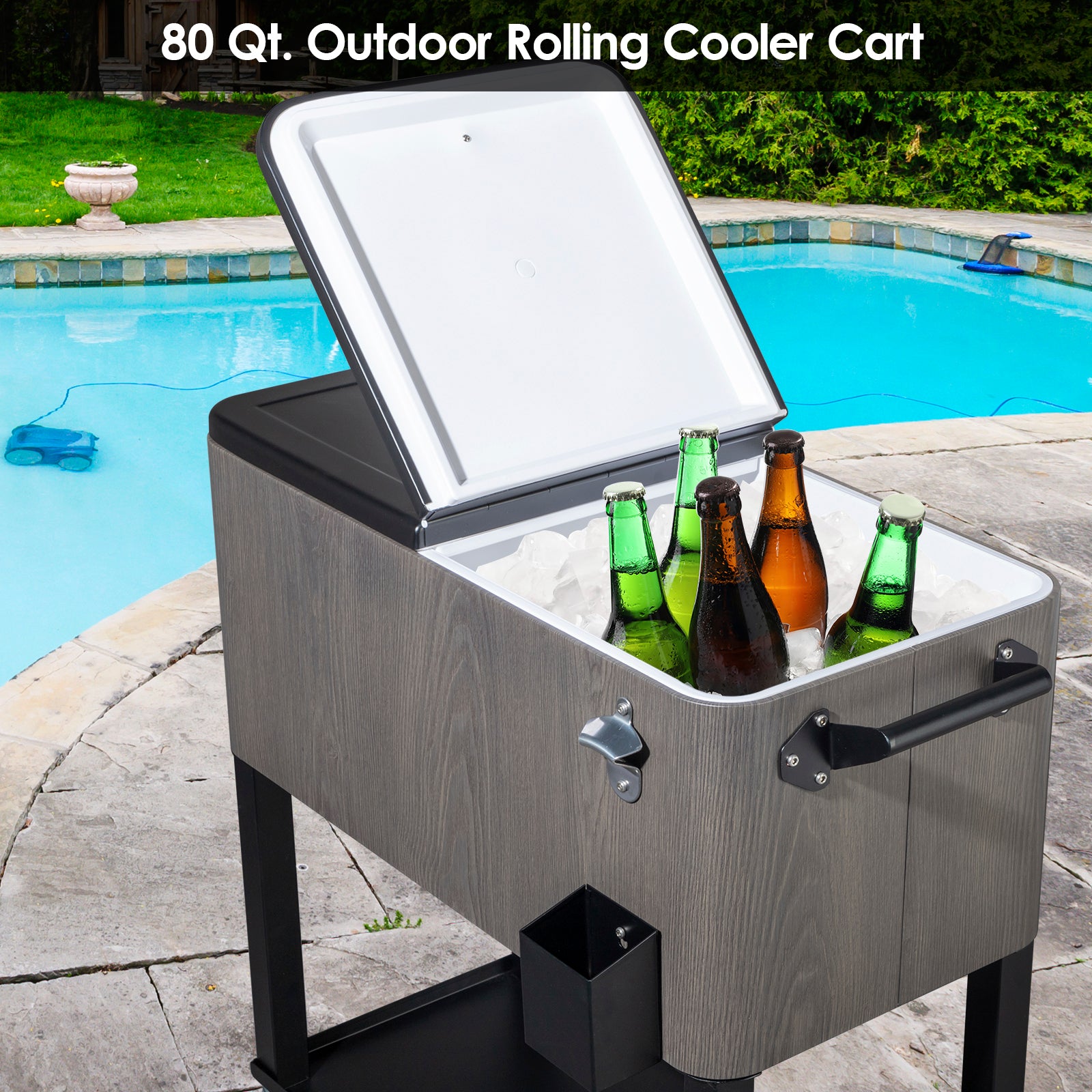 HAOYYE Rectangular Plastic Box Cooler Cart with Iron Foot Tube, Insulated Beverage Cart with Bottle Opener and Drainage Cap, 2 Locking Casters, Ideal for Outdoor Parties, BBQs, and Events