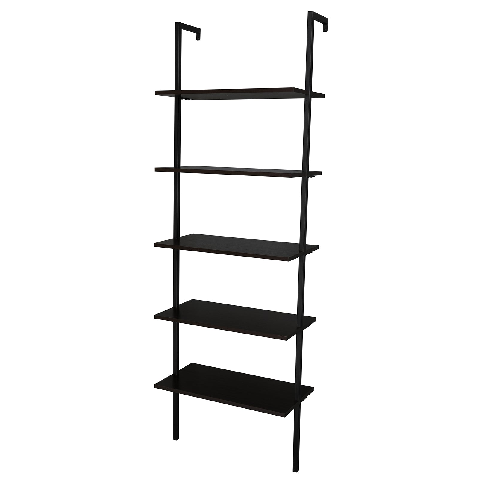 HAOYYE 5-Shelf Wood Ladder Bookcase with Metal Frame Industrial 5-Tier Modern Ladder Shelf Dark Walnut Wood Shelves Space Saving Storage Unit Elegant Home Decor Luxury Comfortable Premium Design