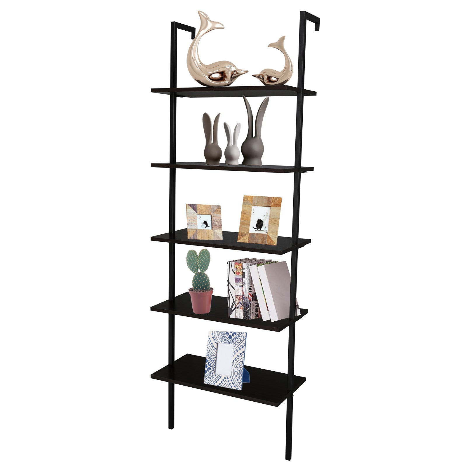 HAOYYE 5-Shelf Wood Ladder Bookcase with Metal Frame Industrial 5-Tier Modern Ladder Shelf Dark Walnut Wood Shelves Space Saving Storage Unit Elegant Home Decor Luxury Comfortable Premium Design