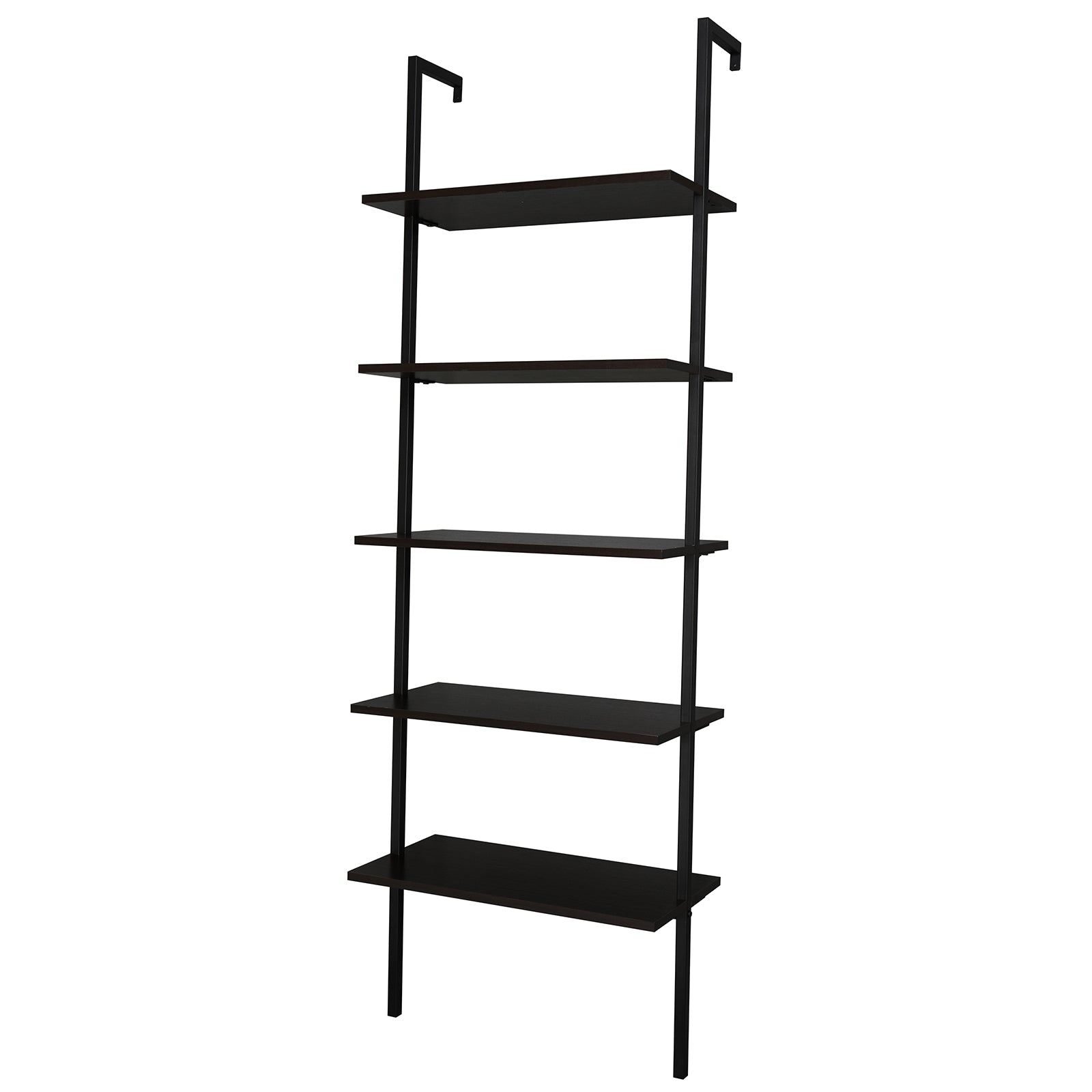 HAOYYE 5-Shelf Wood Ladder Bookcase with Metal Frame Industrial 5-Tier Modern Ladder Shelf Dark Walnut Wood Shelves Space Saving Storage Unit Elegant Home Decor Luxury Comfortable Premium Design