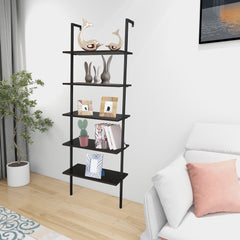 HAOYYE 5-Shelf Wood Ladder Bookcase with Metal Frame Industrial 5-Tier Modern Ladder Shelf Dark Walnut Wood Shelves Space Saving Storage Unit Elegant Home Decor Luxury Comfortable Premium Design
