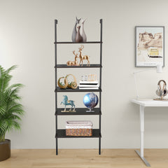 HAOYYE 5-Shelf Wood Ladder Bookcase with Metal Frame Industrial 5-Tier Modern Ladder Shelf Dark Walnut Wood Shelves Space Saving Storage Unit Elegant Home Decor Luxury Comfortable Premium Design