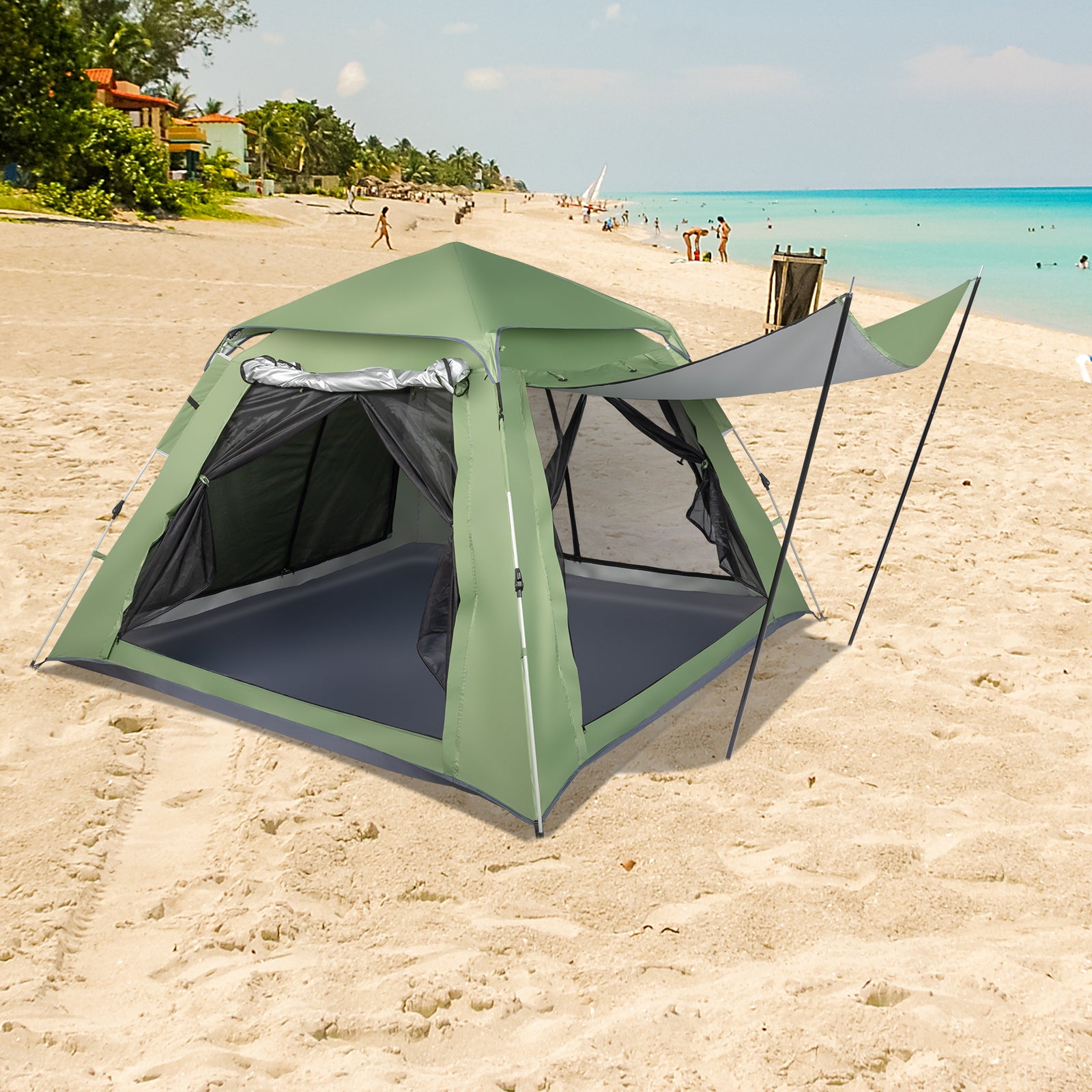 HAOYYE 240x240x150cm Spring Quick Open 4 Person Family Camping Tent Green Portable Pop Up Shelter Waterproof Outdoor Tent for Hiking Backpacking Travel Garden Picnic