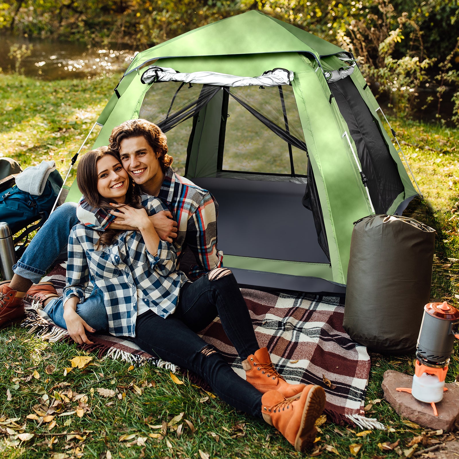 HAOYYE 240x240x150cm Spring Quick Open 4 Person Family Camping Tent Green Portable Pop Up Shelter Waterproof Outdoor Tent for Hiking Backpacking Travel Garden Picnic