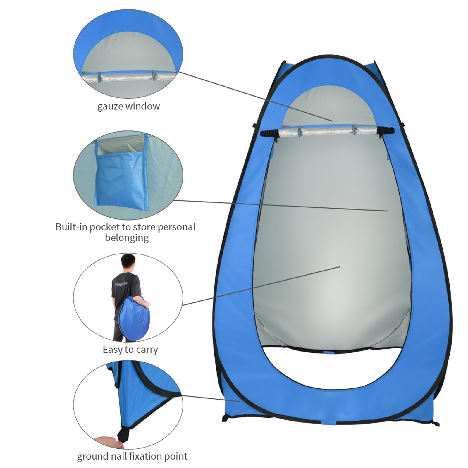 HAOYYE Blue Portable Pop Up Shower Tent Changing Room Privacy Shelter with Steel Wire Frame and Silver Coated Fabric for Camping Beach Hiking Outdoor Use 120x120x190cm