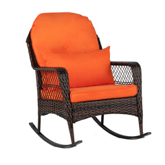 HAOYYE Brown Gradient Wicker Rocking Chair with Orange Cushion Single Outdoor Rattan Rocker with Iron Frame Backrest Design for Patio Balcony Porch Garden Lounge Relaxing Chair Comfortable and Stylish