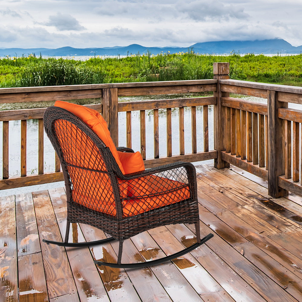 HAOYYE Brown Gradient Wicker Rocking Chair with Orange Cushion Single Outdoor Rattan Rocker with Iron Frame Backrest Design for Patio Balcony Porch Garden Lounge Relaxing Chair Comfortable and Stylish