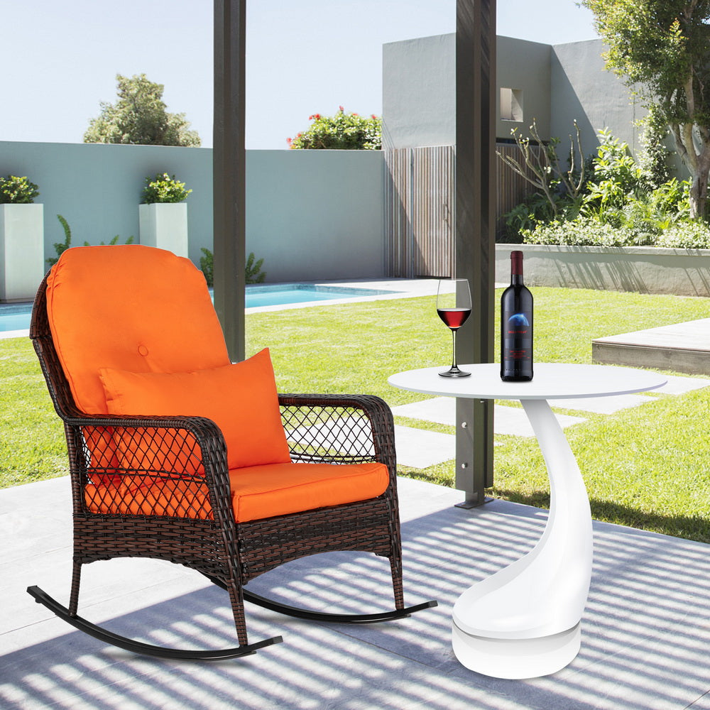 HAOYYE Brown Gradient Wicker Rocking Chair with Orange Cushion Single Outdoor Rattan Rocker with Iron Frame Backrest Design for Patio Balcony Porch Garden Lounge Relaxing Chair Comfortable and Stylish