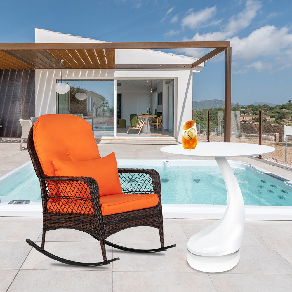 HAOYYE Brown Gradient Wicker Rocking Chair with Orange Cushion Single Outdoor Rattan Rocker with Iron Frame Backrest Design for Patio Balcony Porch Garden Lounge Relaxing Chair Comfortable and Stylish