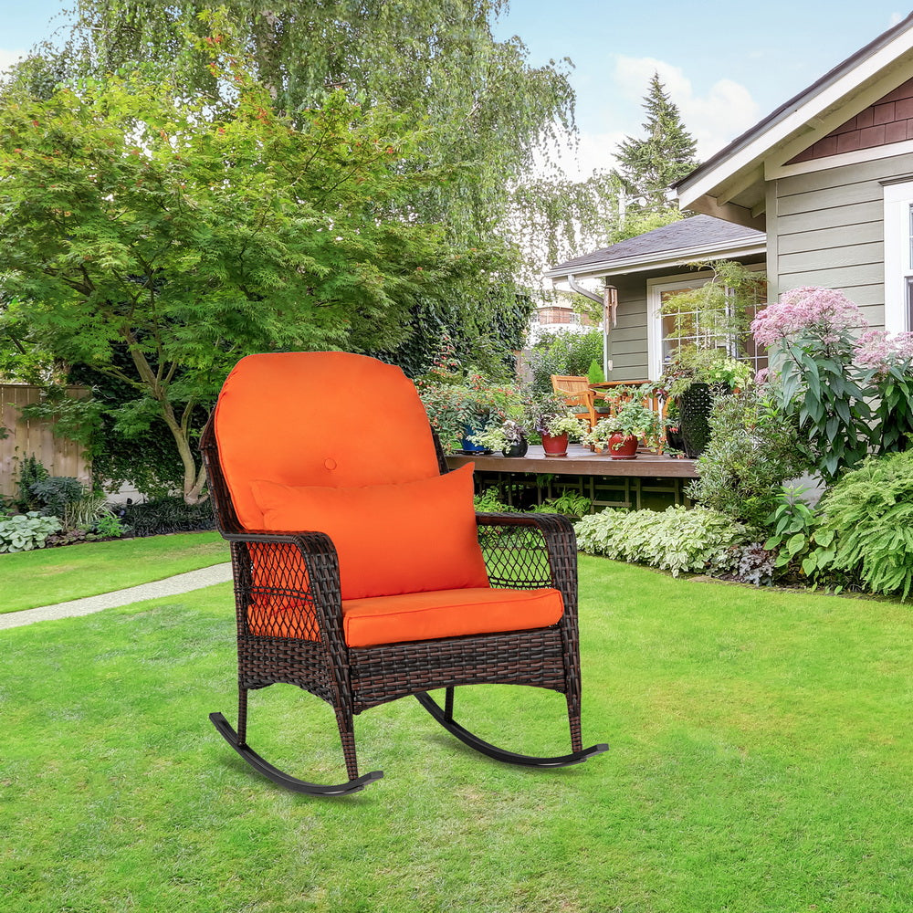 HAOYYE Brown Gradient Wicker Rocking Chair with Orange Cushion Single Outdoor Rattan Rocker with Iron Frame Backrest Design for Patio Balcony Porch Garden Lounge Relaxing Chair Comfortable and Stylish