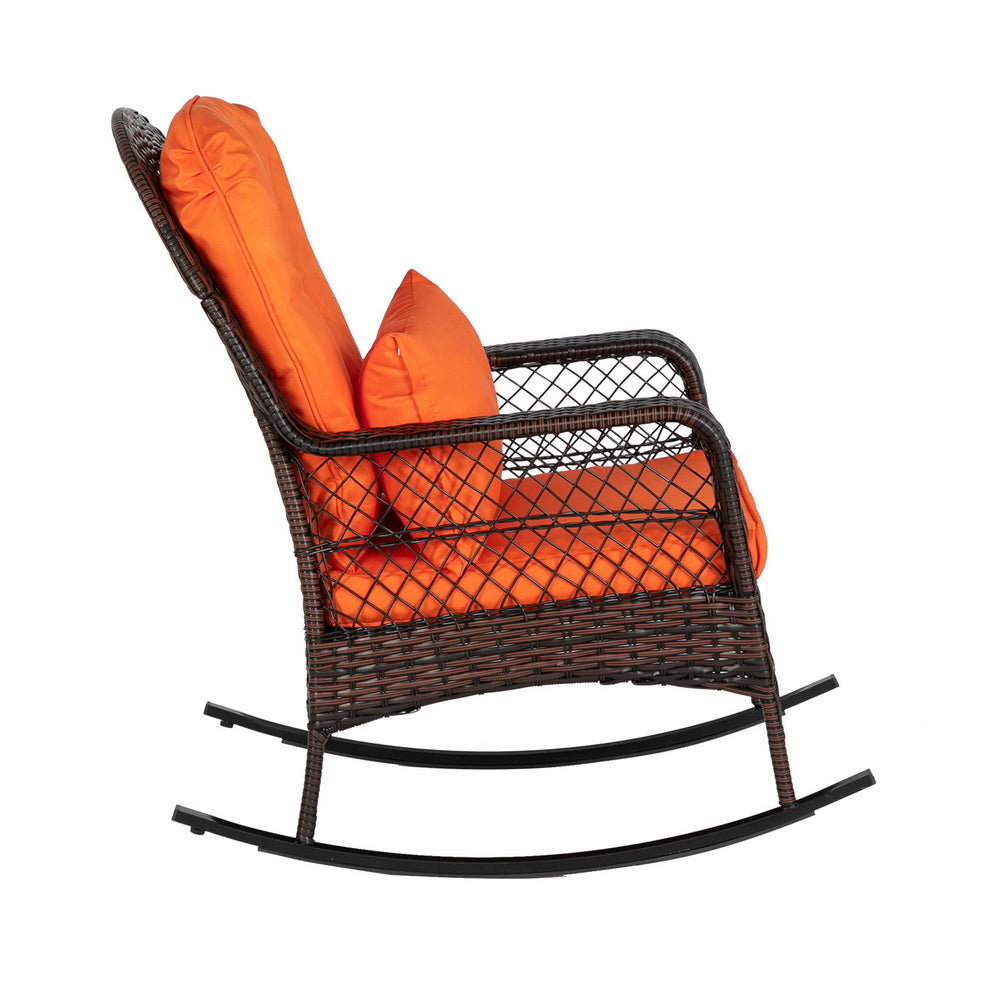 HAOYYE Brown Gradient Wicker Rocking Chair with Orange Cushion Single Outdoor Rattan Rocker with Iron Frame Backrest Design for Patio Balcony Porch Garden Lounge Relaxing Chair Comfortable and Stylish