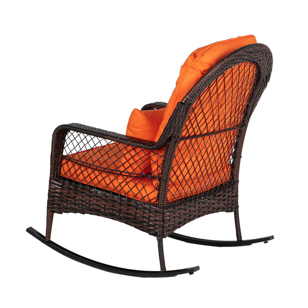 HAOYYE Brown Gradient Wicker Rocking Chair with Orange Cushion Single Outdoor Rattan Rocker with Iron Frame Backrest Design for Patio Balcony Porch Garden Lounge Relaxing Chair Comfortable and Stylish