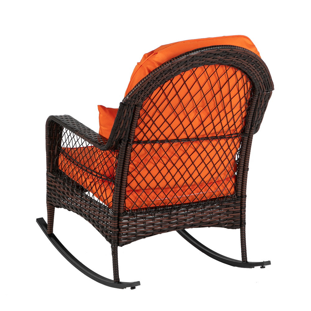 HAOYYE Brown Gradient Wicker Rocking Chair with Orange Cushion Single Outdoor Rattan Rocker with Iron Frame Backrest Design for Patio Balcony Porch Garden Lounge Relaxing Chair Comfortable and Stylish
