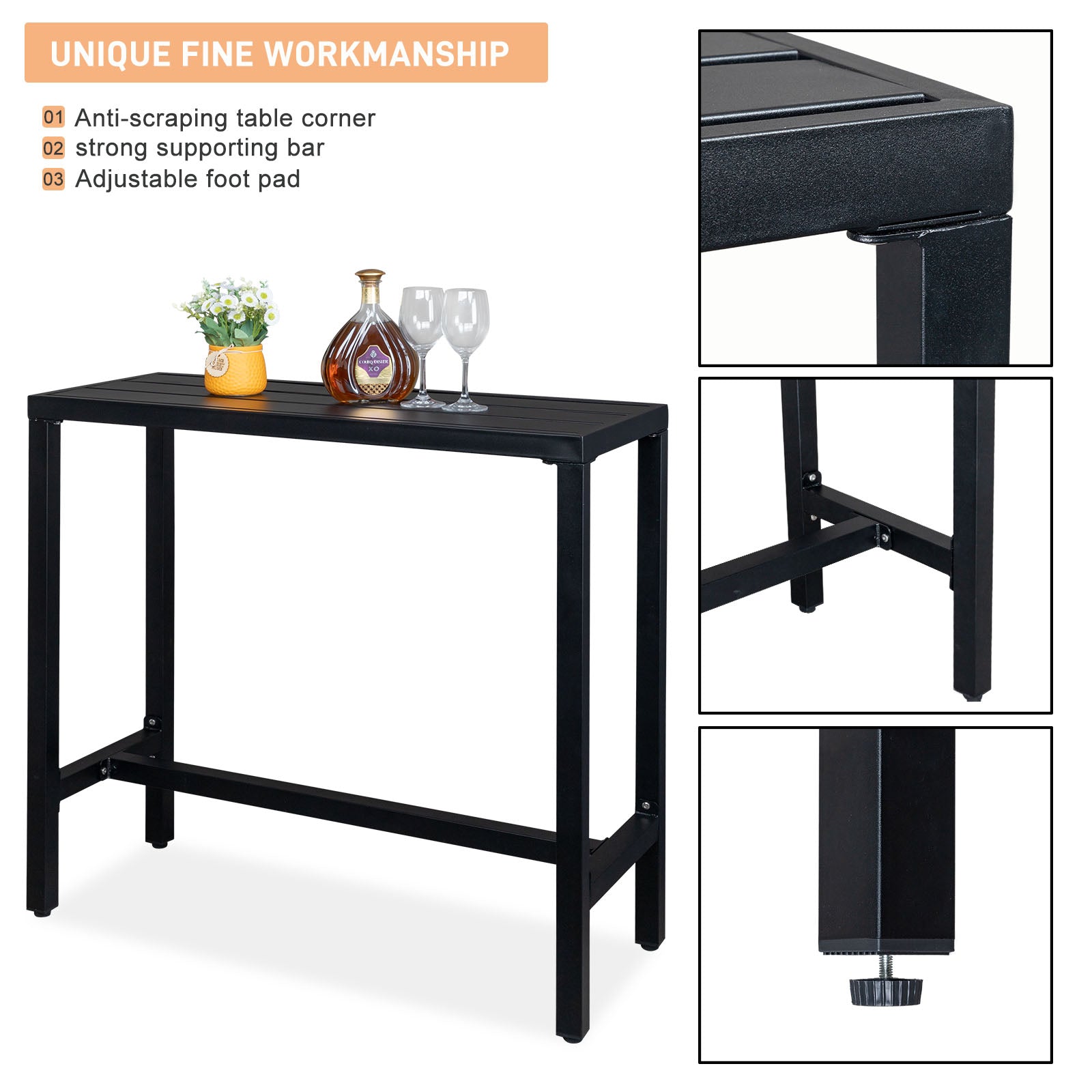 Haoyye Iron Patio Bar Table with Adjustment Knob in Black, Modern Outdoor Bistro Table for Balcony, Deck, Garden or Kitchen, Durable and Easy to Assemble, Smooth Surface for Home or Commercial Use