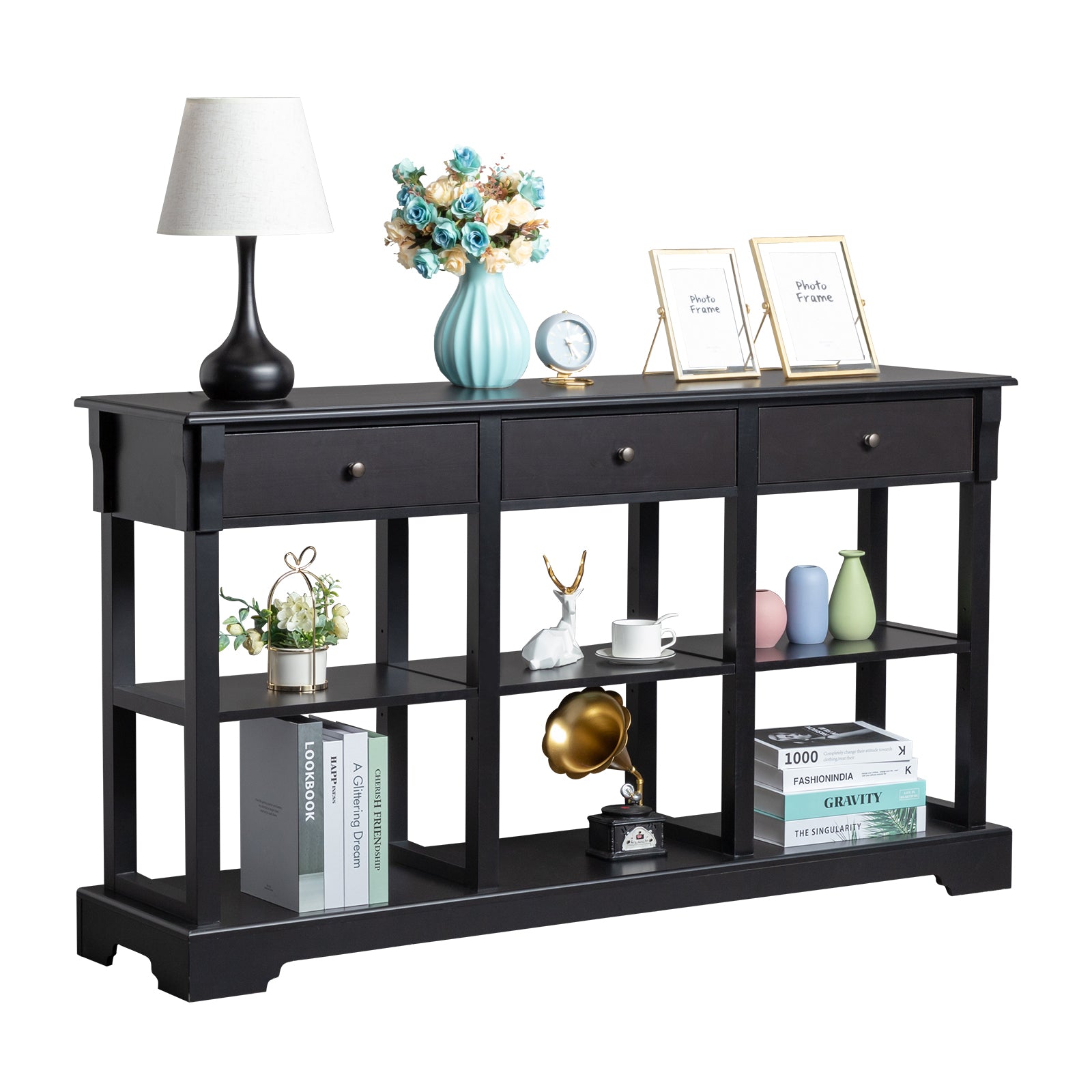 HAOYYE Console Sofa Table with Ample Storage Retro Sideboard Buffet Cabinet with Open Shelves and 3 Drawers Entryway Storage Cabinet for Living Room