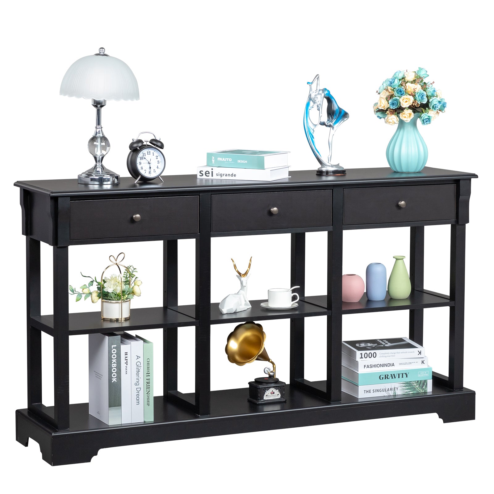 HAOYYE Console Sofa Table with Ample Storage Retro Sideboard Buffet Cabinet with Open Shelves and 3 Drawers Entryway Storage Cabinet for Living Room