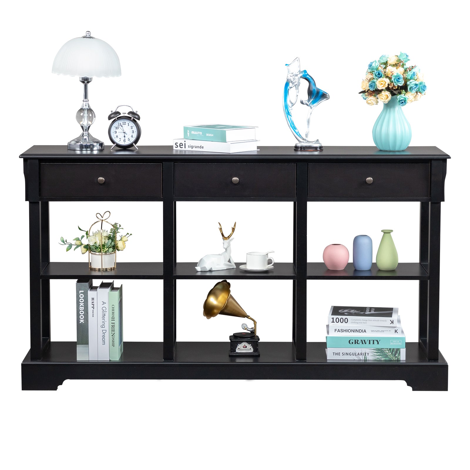 HAOYYE Console Sofa Table with Ample Storage Retro Sideboard Buffet Cabinet with Open Shelves and 3 Drawers Entryway Storage Cabinet for Living Room
