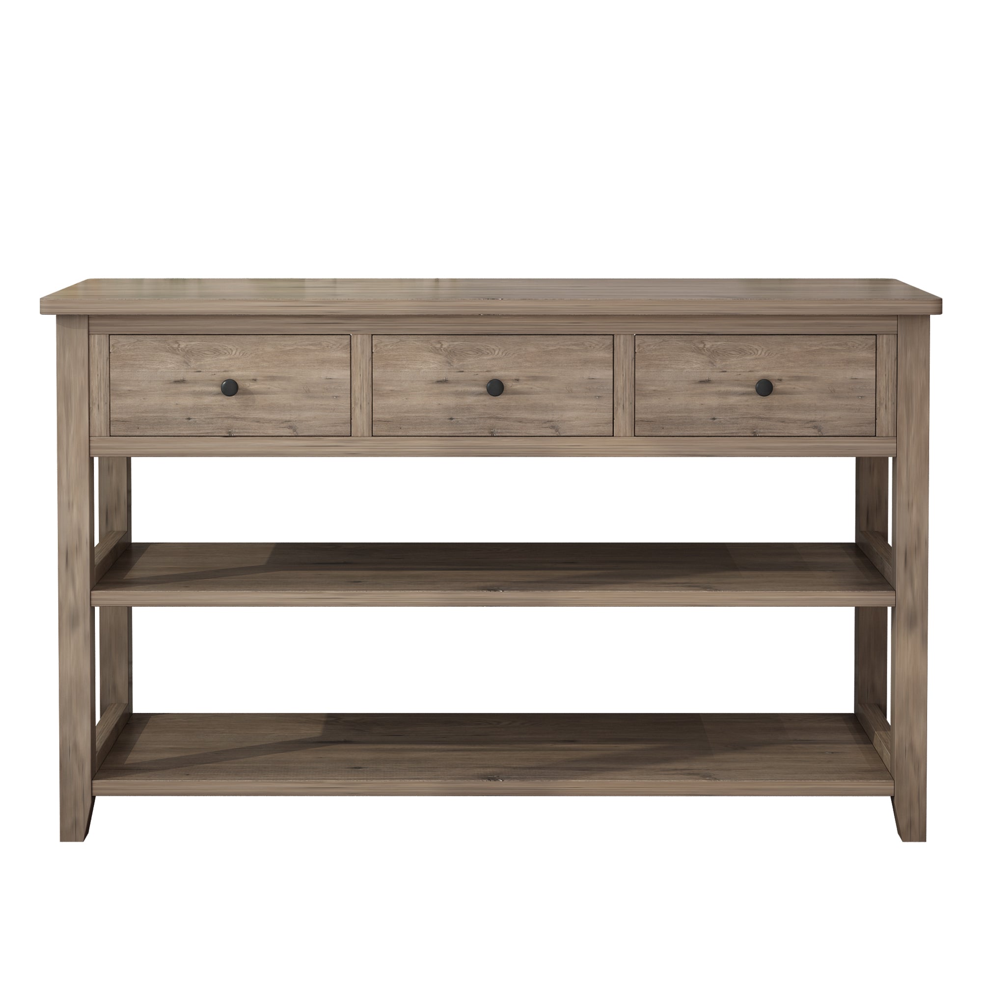 HAOYYE Console Table with Wood Frame and Legs Sofa Table for Entryway or Hallway with 3 Storage Drawers and 2 Open Shelves Rustic Wash Gray Narrow Table for Living Room Decor and Organization