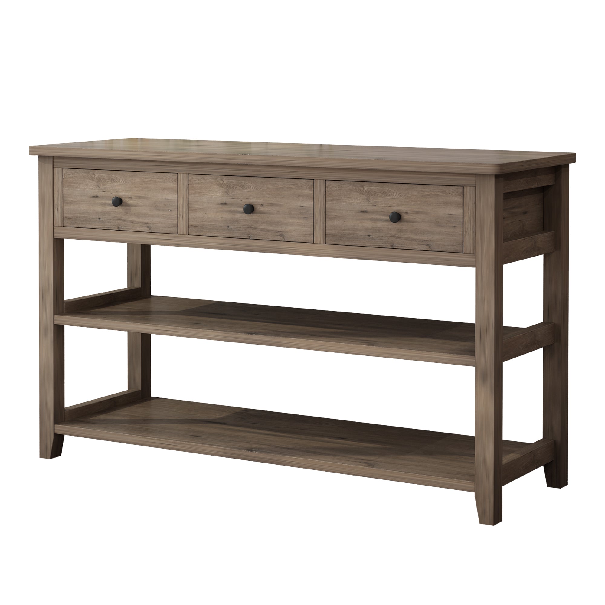 HAOYYE Console Table with Wood Frame and Legs Sofa Table for Entryway or Hallway with 3 Storage Drawers and 2 Open Shelves Rustic Wash Gray Narrow Table for Living Room Decor and Organization