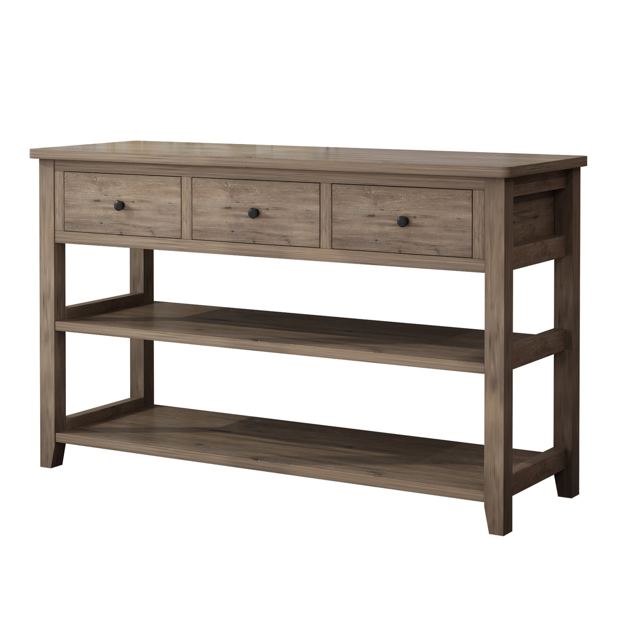 HAOYYE Console Table with Wood Frame and Legs Sofa Table for Entryway or Hallway with 3 Storage Drawers and 2 Open Shelves Rustic Wash Gray Narrow Table for Living Room Decor and Organization