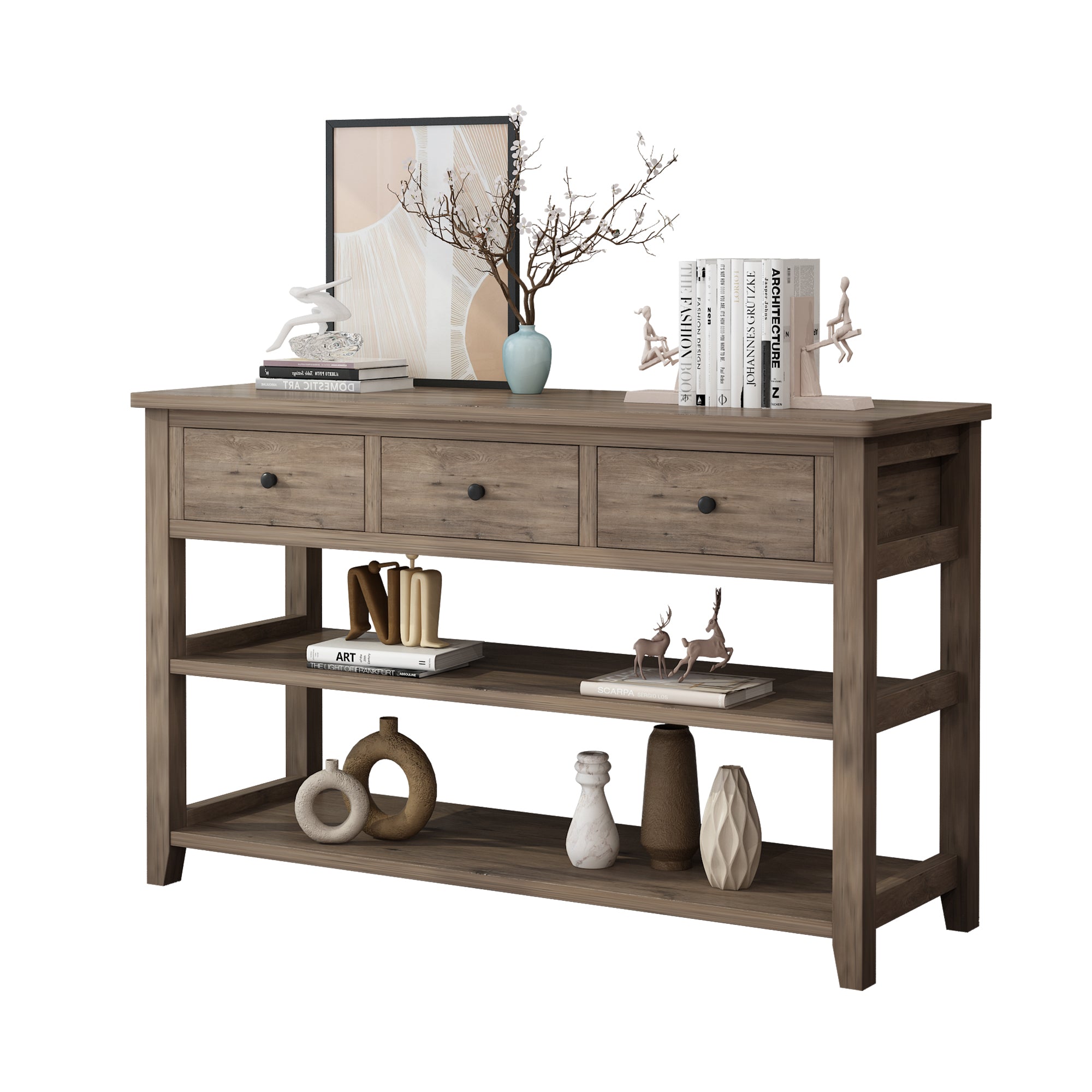 HAOYYE Console Table with Wood Frame and Legs Sofa Table for Entryway or Hallway with 3 Storage Drawers and 2 Open Shelves Rustic Wash Gray Narrow Table for Living Room Decor and Organization