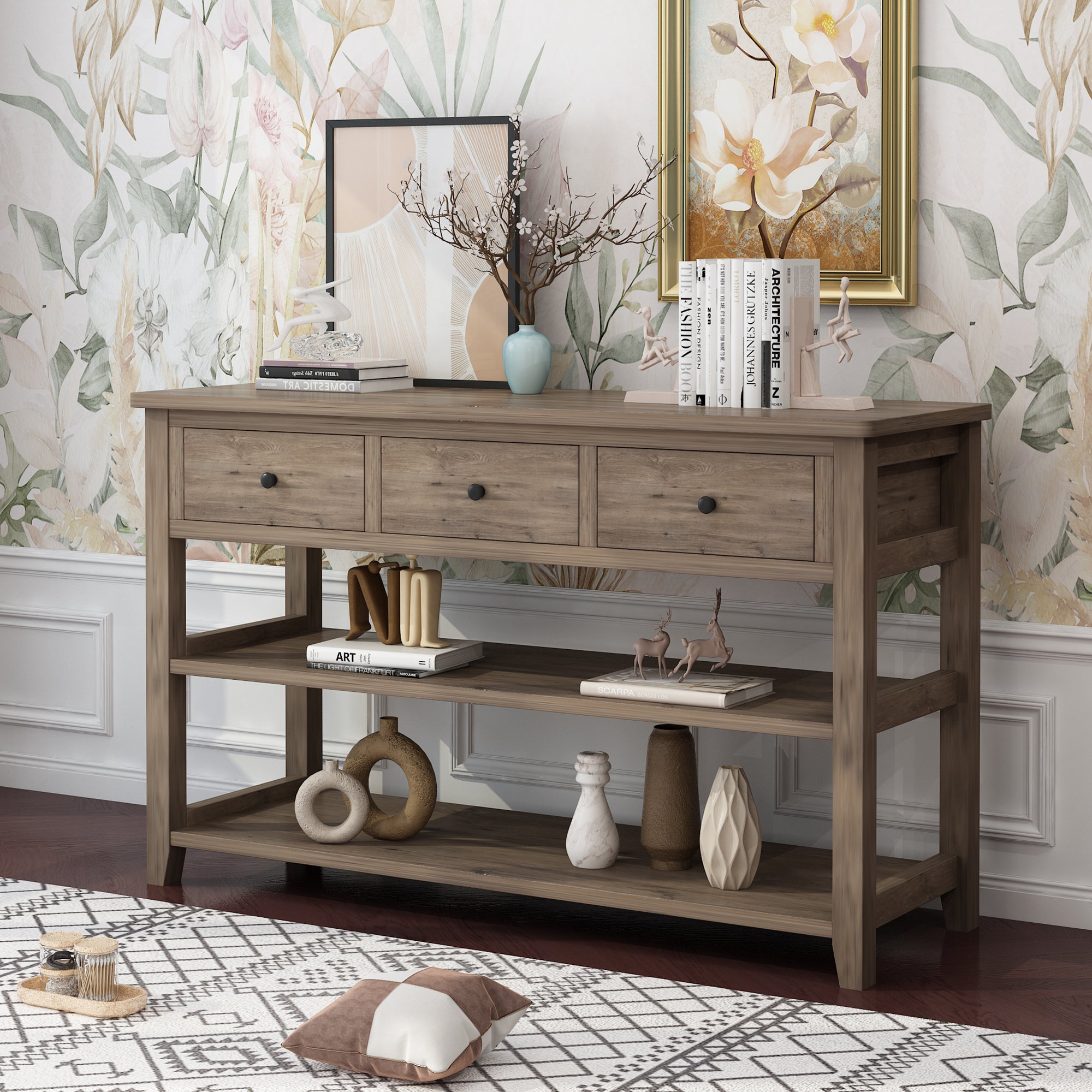 HAOYYE Console Table with Wood Frame and Legs Sofa Table for Entryway or Hallway with 3 Storage Drawers and 2 Open Shelves Rustic Wash Gray Narrow Table for Living Room Decor and Organization