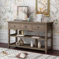 HAOYYE Console Table with Wood Frame and Legs Sofa Table for Entryway or Hallway with 3 Storage Drawers and 2 Open Shelves Rustic Wash Gray Narrow Table for Living Room Decor and Organization
