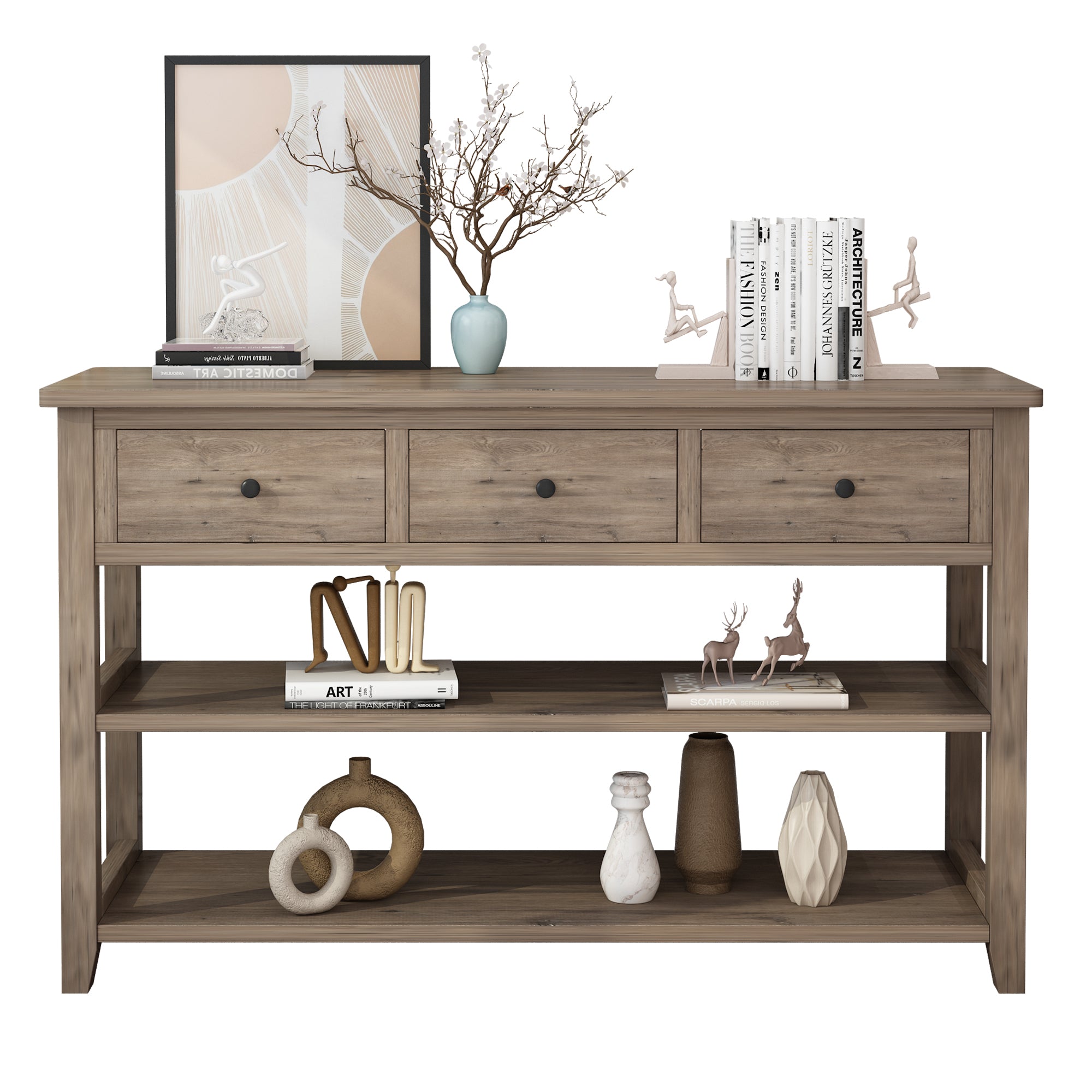 HAOYYE Console Table with Wood Frame and Legs Sofa Table for Entryway or Hallway with 3 Storage Drawers and 2 Open Shelves Rustic Wash Gray Narrow Table for Living Room Decor and Organization