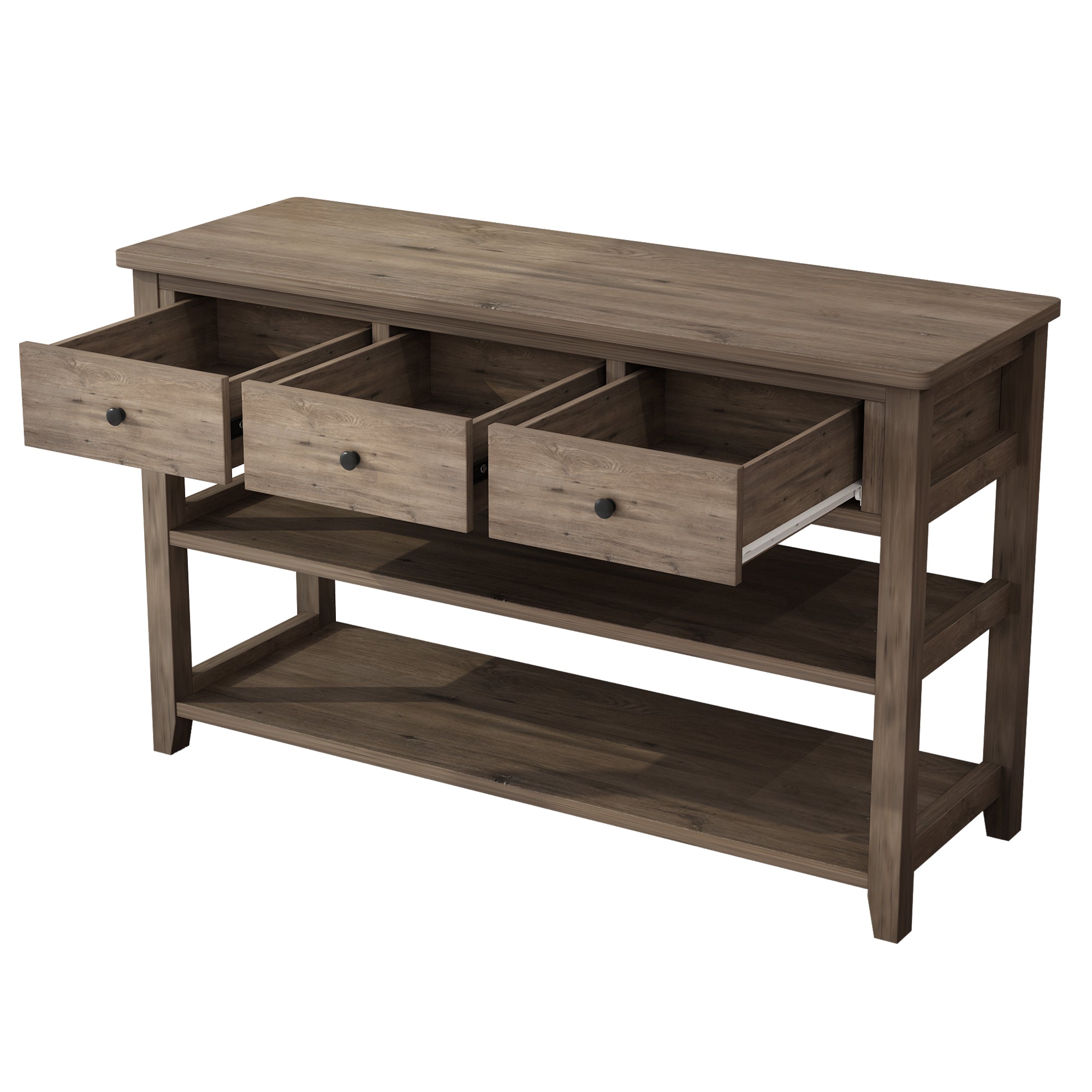 HAOYYE Console Table with Wood Frame and Legs Sofa Table for Entryway or Hallway with 3 Storage Drawers and 2 Open Shelves Rustic Wash Gray Narrow Table for Living Room Decor and Organization