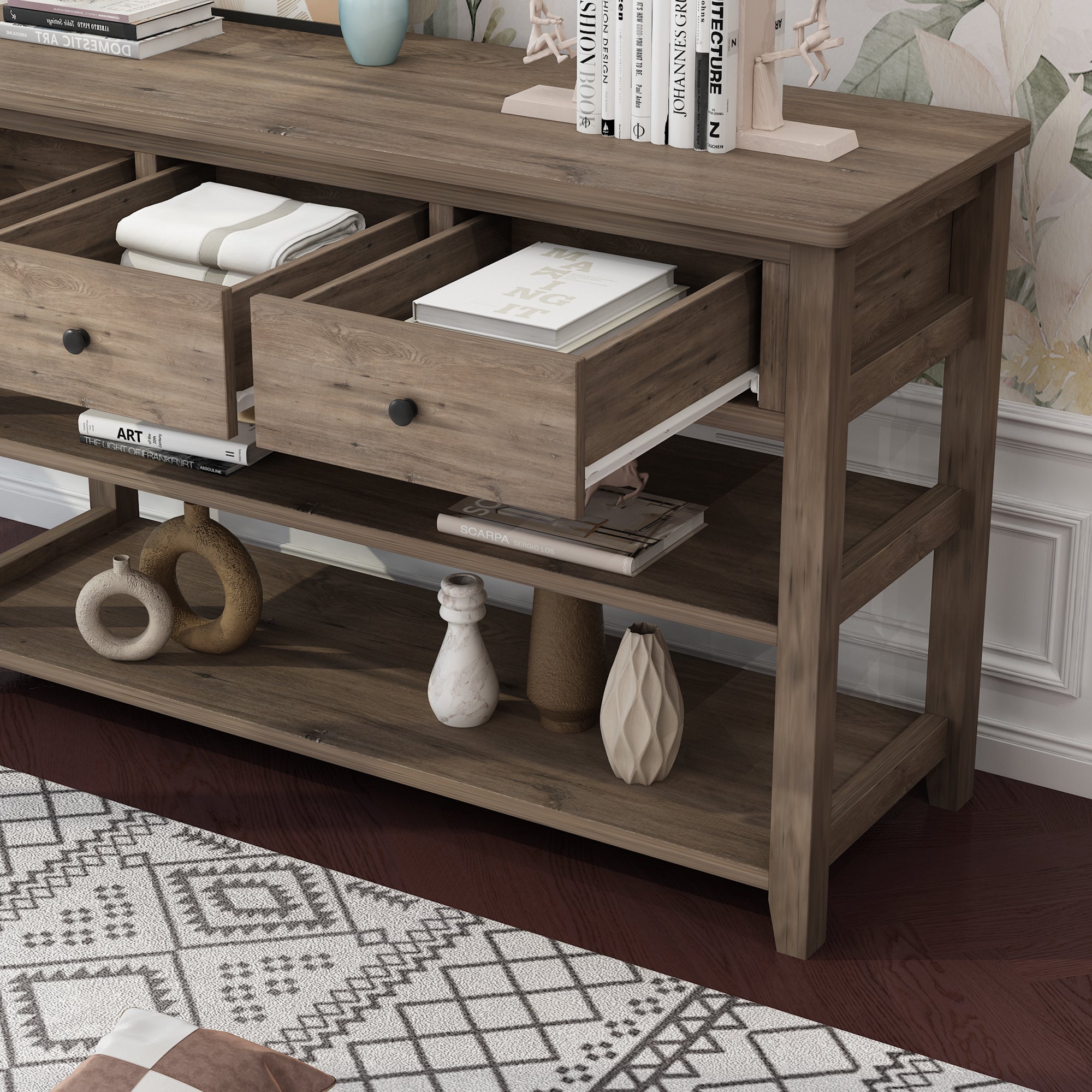 HAOYYE Console Table with Wood Frame and Legs Sofa Table for Entryway or Hallway with 3 Storage Drawers and 2 Open Shelves Rustic Wash Gray Narrow Table for Living Room Decor and Organization