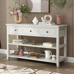 HAOYYE Antique White Console Table with Wood Frame and Legs, Entryway Sofa Table with 3 Storage Drawers and 2 Open Shelves for Living Room Hallway or Foyer Decoration and Organization