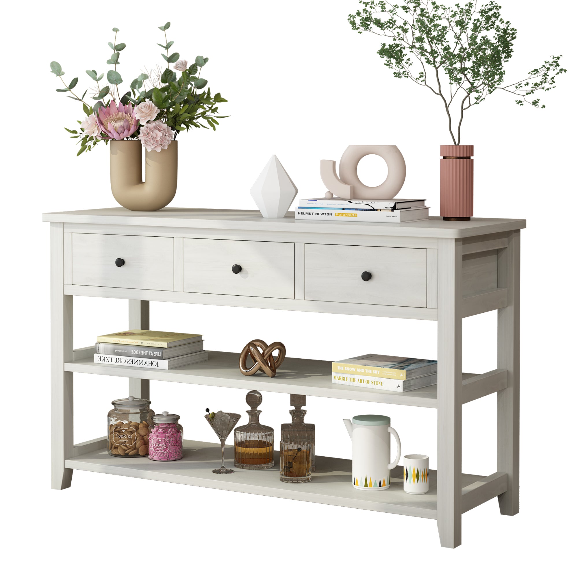 HAOYYE Antique White Console Table with Wood Frame and Legs, Entryway Sofa Table with 3 Storage Drawers and 2 Open Shelves for Living Room Hallway or Foyer Decoration and Organization