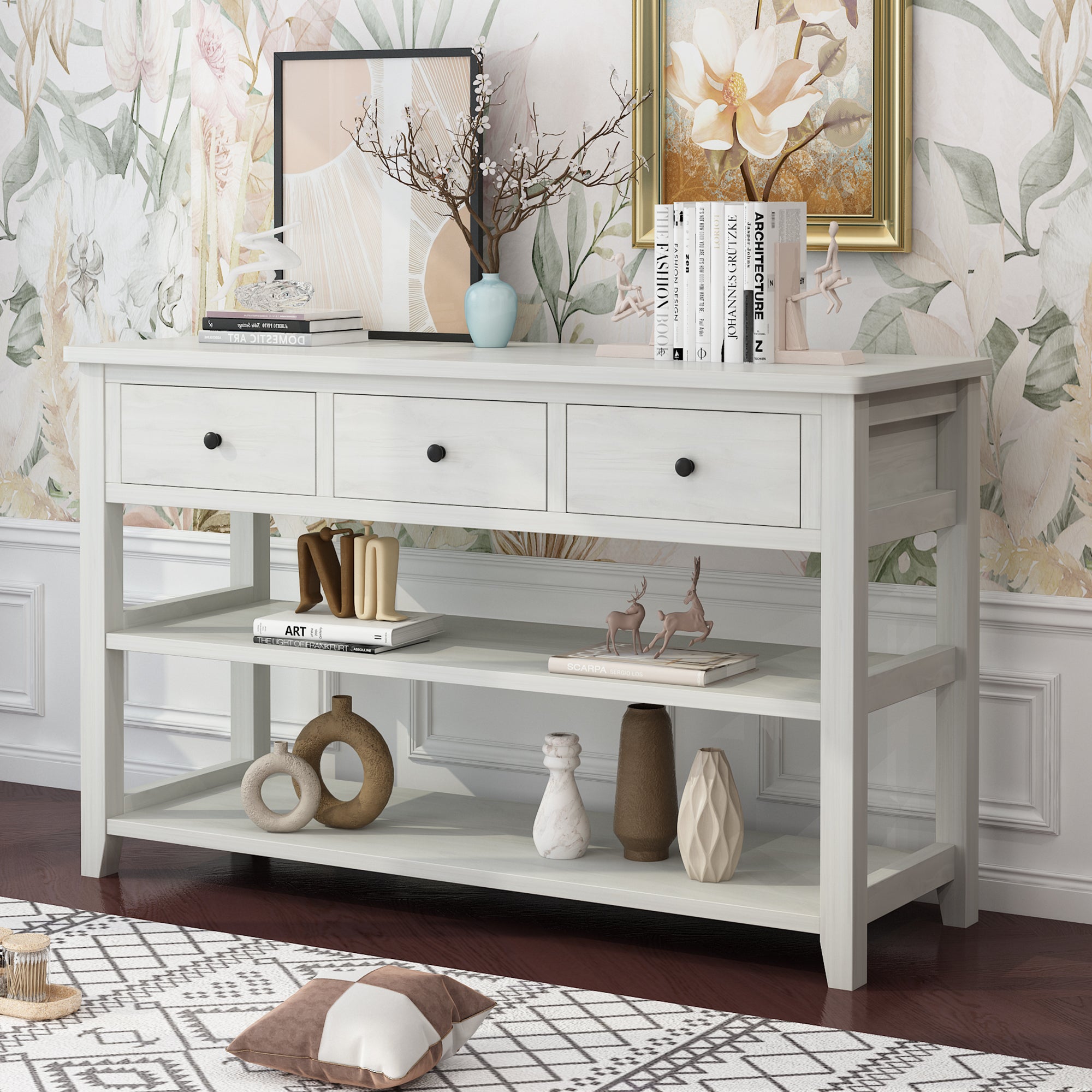 HAOYYE Antique White Console Table with Wood Frame and Legs, Entryway Sofa Table with 3 Storage Drawers and 2 Open Shelves for Living Room Hallway or Foyer Decoration and Organization