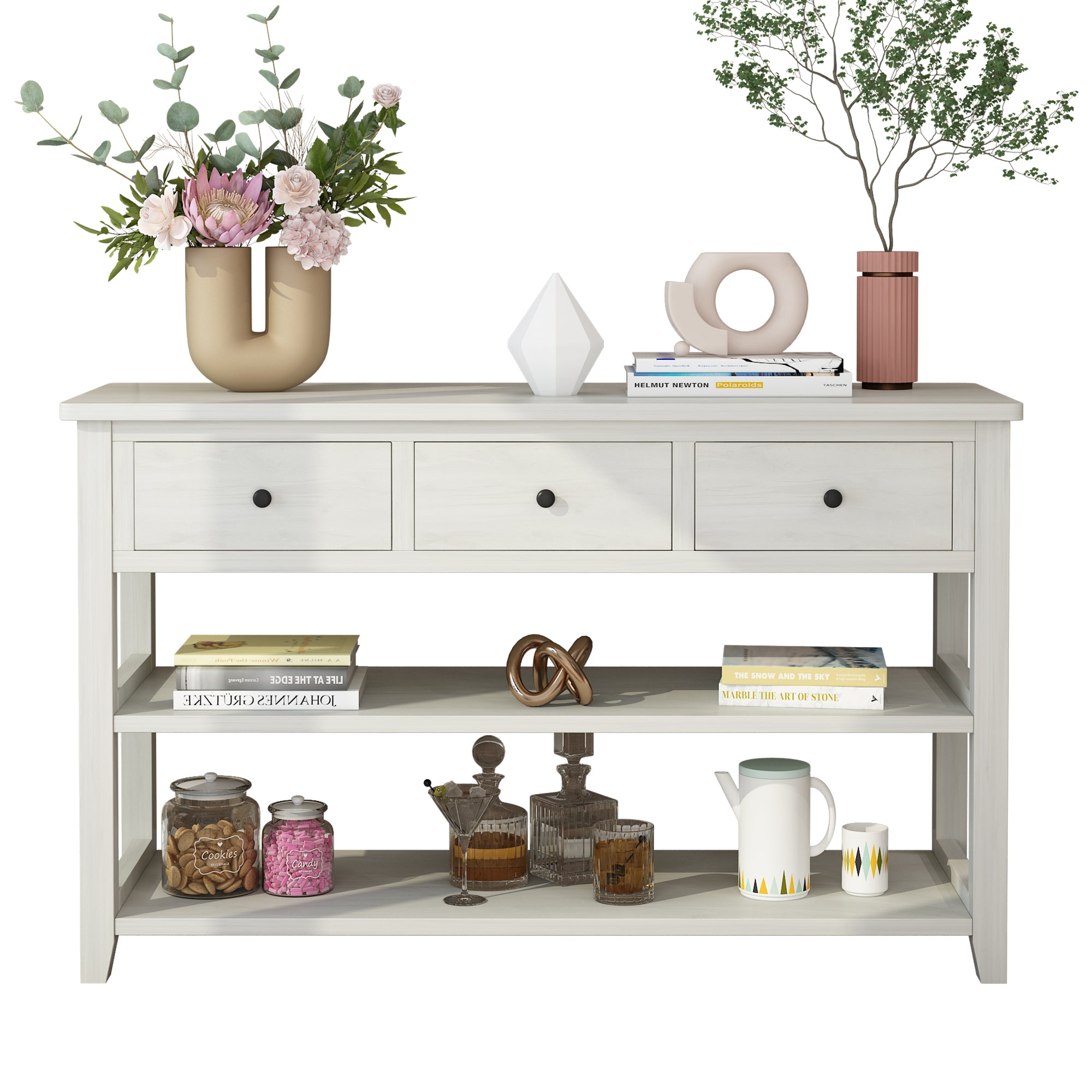 HAOYYE Antique White Console Table with Wood Frame and Legs, Entryway Sofa Table with 3 Storage Drawers and 2 Open Shelves for Living Room Hallway or Foyer Decoration and Organization