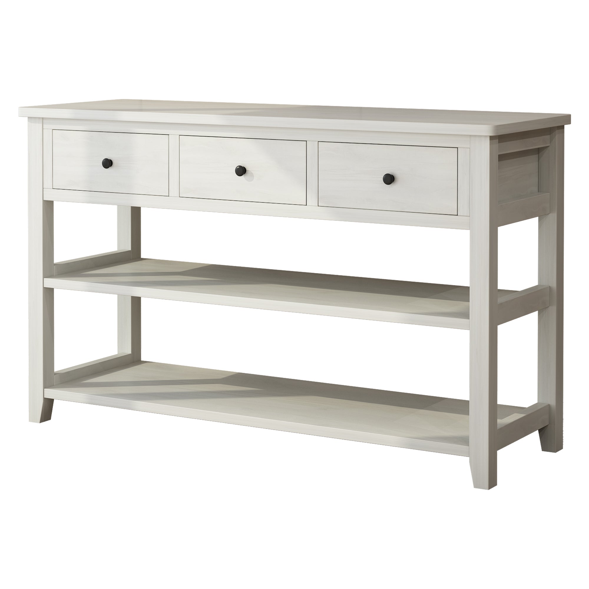 HAOYYE Antique White Console Table with Wood Frame and Legs, Entryway Sofa Table with 3 Storage Drawers and 2 Open Shelves for Living Room Hallway or Foyer Decoration and Organization