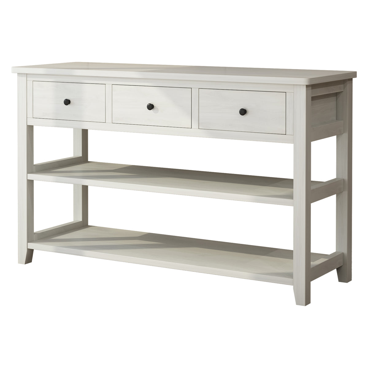 HAOYYE Antique White Console Table with Wood Frame and Legs, Entryway Sofa Table with 3 Storage Drawers and 2 Open Shelves for Living Room Hallway or Foyer Decoration and Organization
