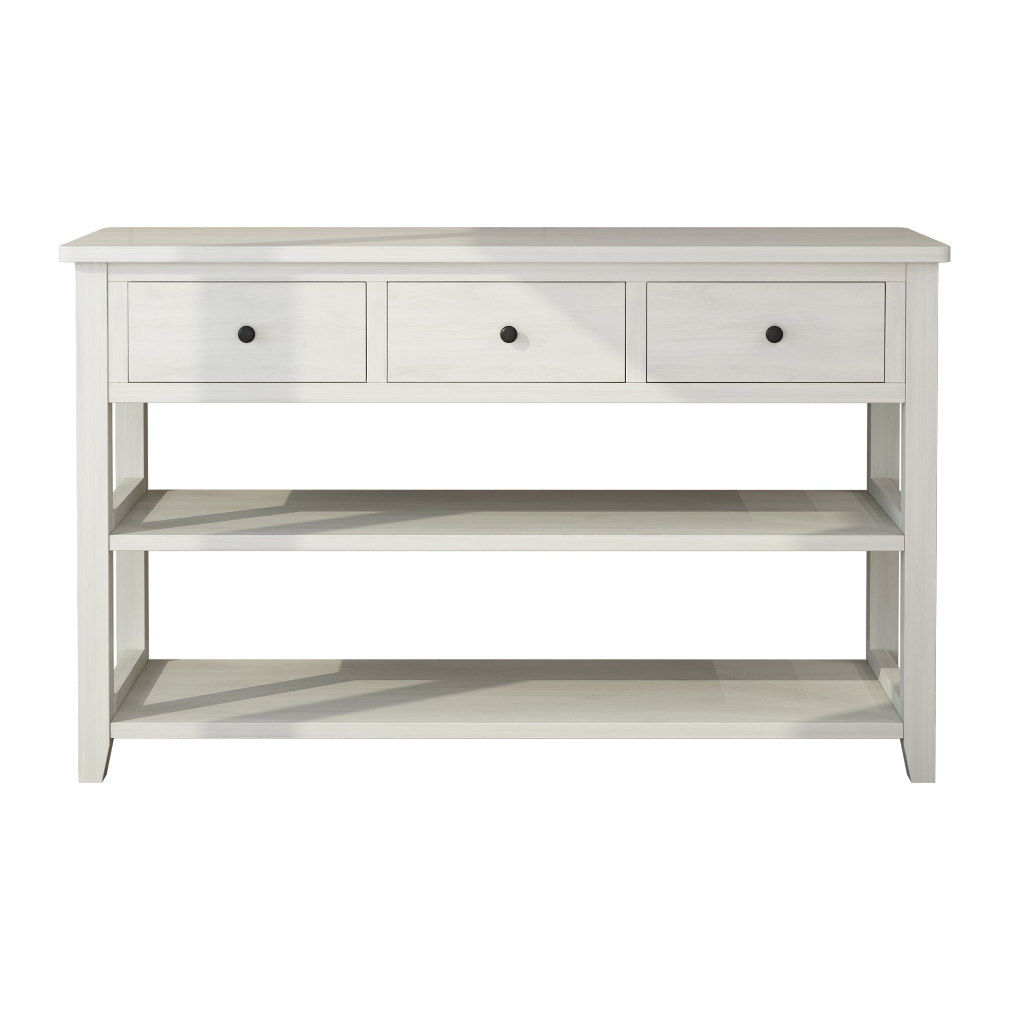 HAOYYE Antique White Console Table with Wood Frame and Legs, Entryway Sofa Table with 3 Storage Drawers and 2 Open Shelves for Living Room Hallway or Foyer Decoration and Organization