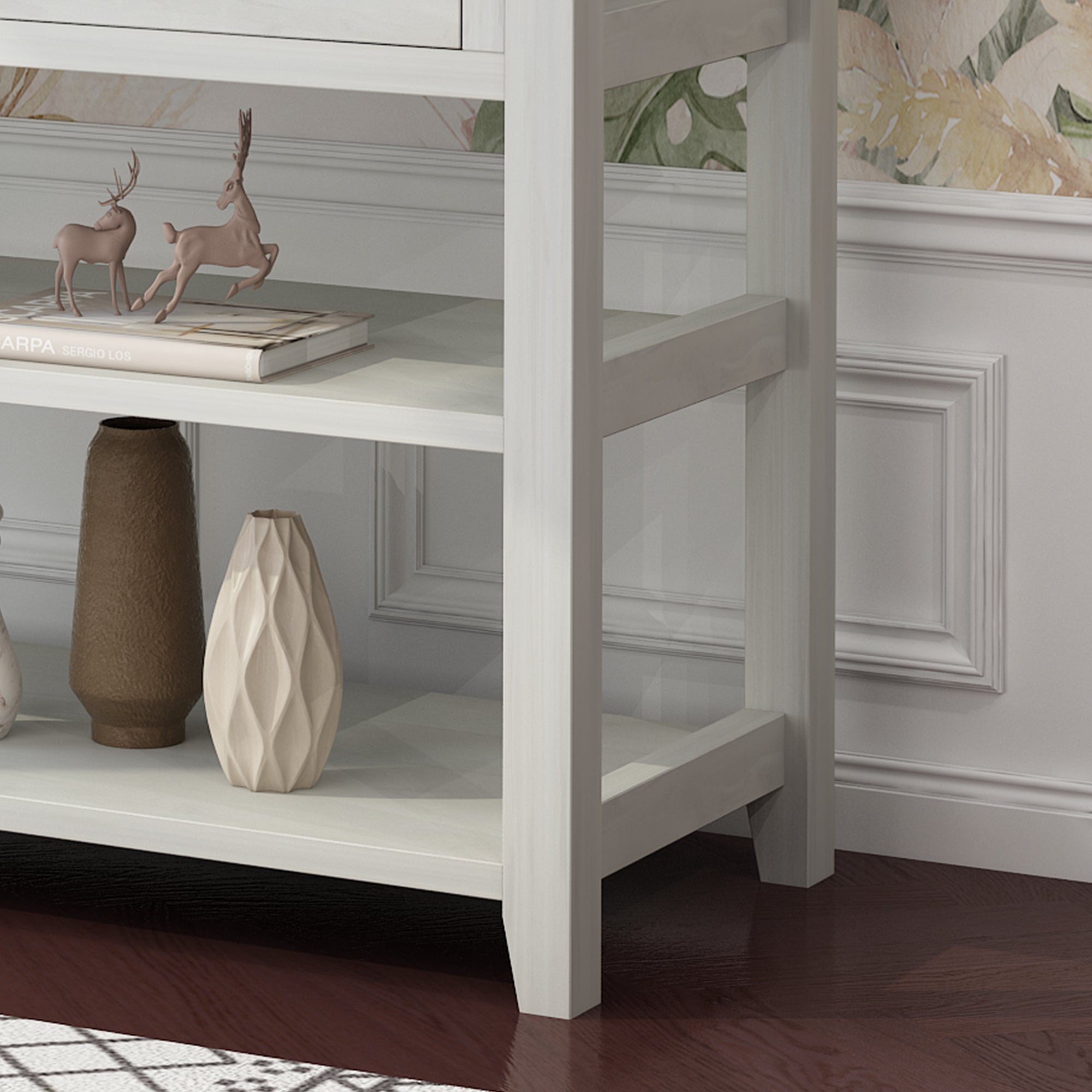 HAOYYE Antique White Console Table with Wood Frame and Legs, Entryway Sofa Table with 3 Storage Drawers and 2 Open Shelves for Living Room Hallway or Foyer Decoration and Organization