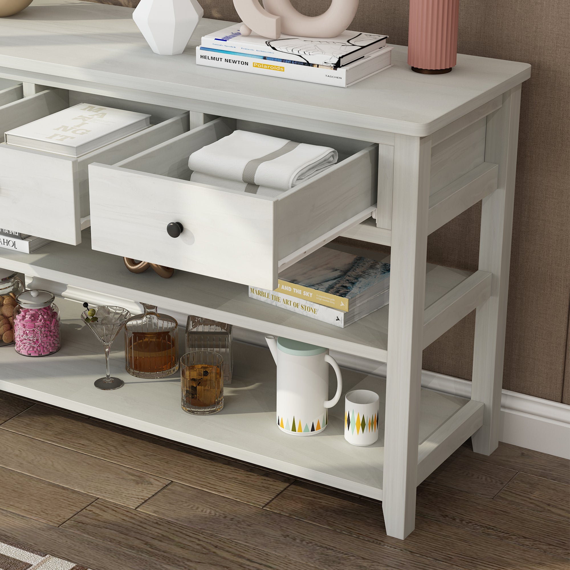 HAOYYE Antique White Console Table with Wood Frame and Legs, Entryway Sofa Table with 3 Storage Drawers and 2 Open Shelves for Living Room Hallway or Foyer Decoration and Organization