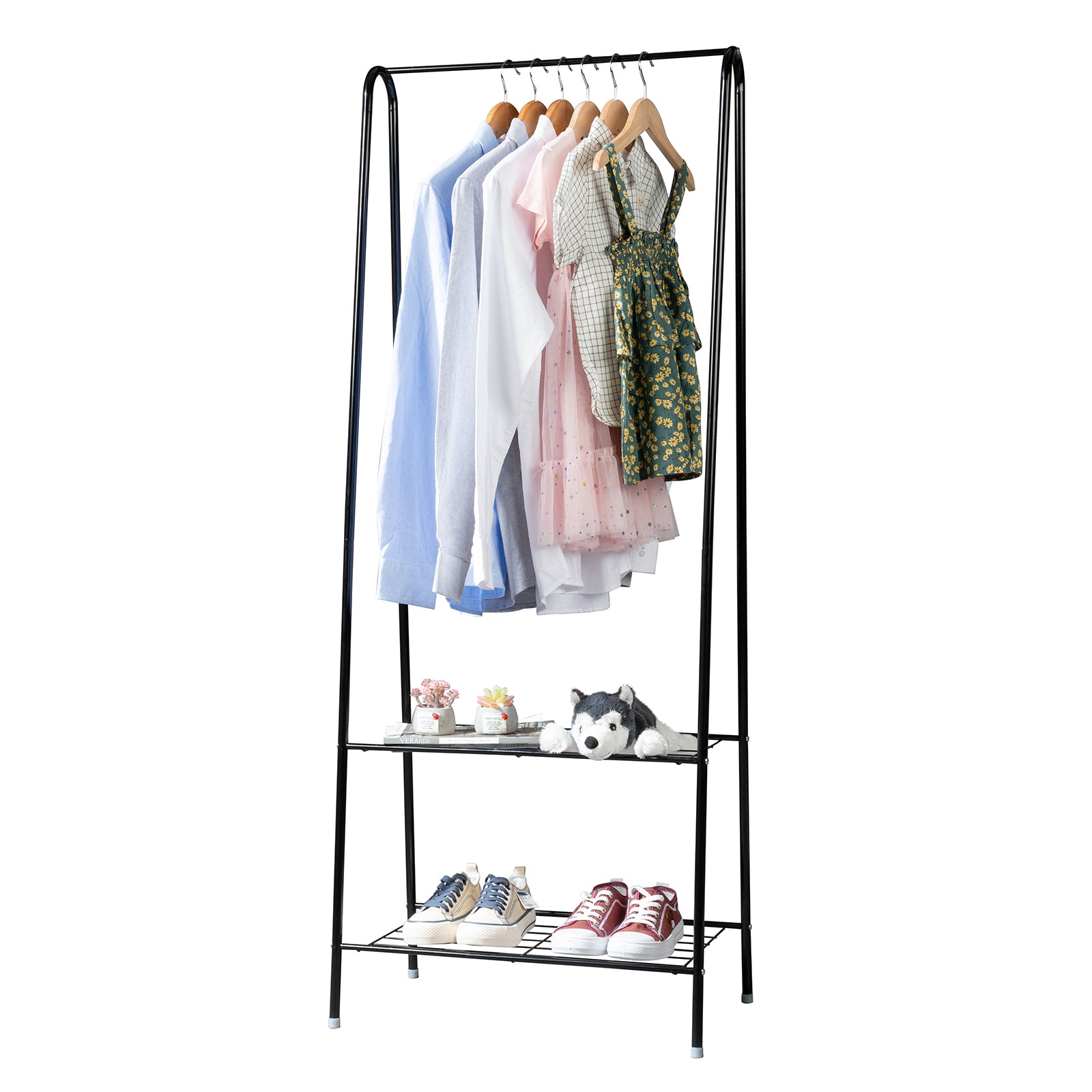 HAOYYE 2-Tier Black Metal Garment Rack with Hanging Rod and Lower Storage Shelf, Freestanding Clothes Organizer for Bedroom Entryway Laundry Room Space-Saving Design