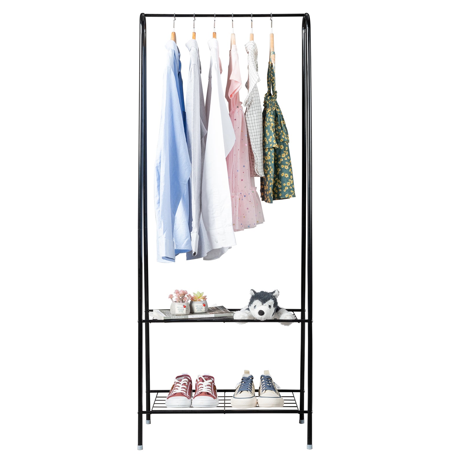 HAOYYE 2-Tier Black Metal Garment Rack with Hanging Rod and Lower Storage Shelf, Freestanding Clothes Organizer for Bedroom Entryway Laundry Room Space-Saving Design