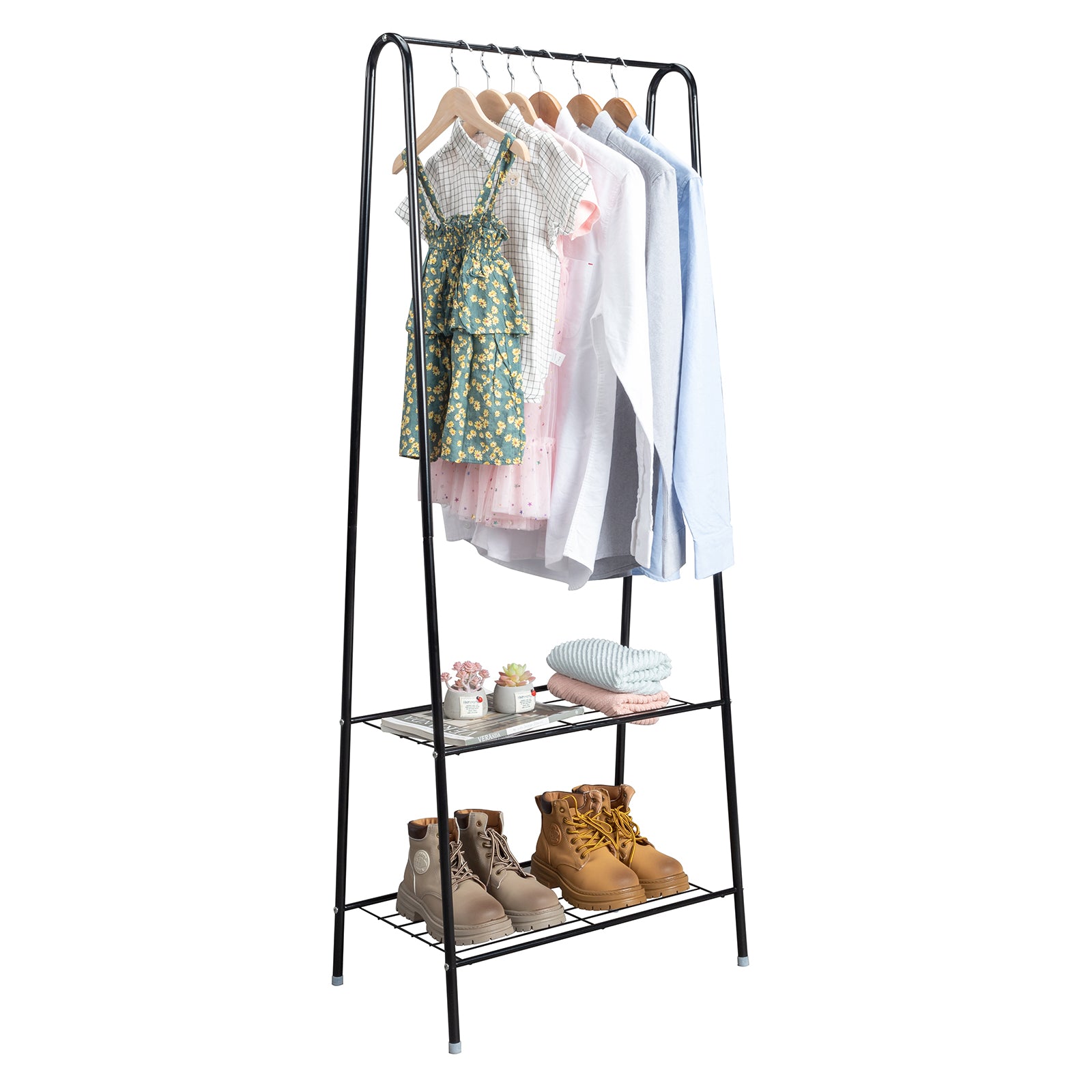 HAOYYE 2-Tier Black Metal Garment Rack with Hanging Rod and Lower Storage Shelf, Freestanding Clothes Organizer for Bedroom Entryway Laundry Room Space-Saving Design