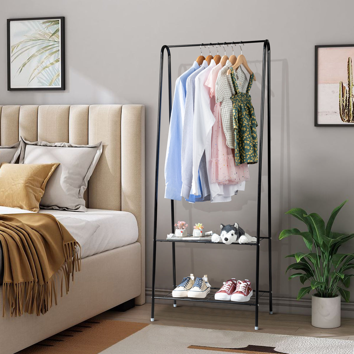 HAOYYE 2-Tier Black Metal Garment Rack with Hanging Rod and Lower Storage Shelf, Freestanding Clothes Organizer for Bedroom Entryway Laundry Room Space-Saving Design
