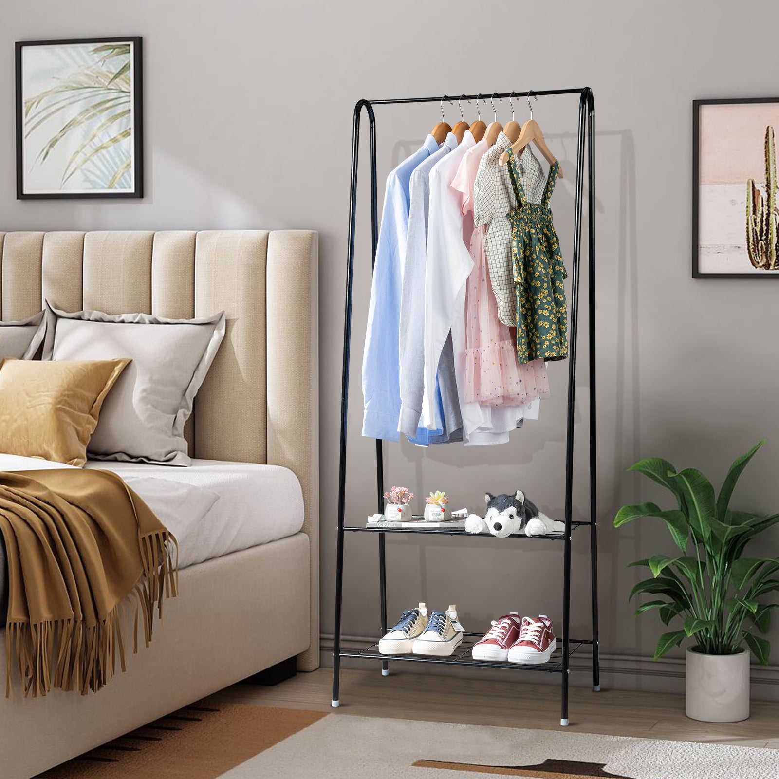 HAOYYE 2-Tier Black Metal Garment Rack with Hanging Rod and Lower Storage Shelf, Freestanding Clothes Organizer for Bedroom Entryway Laundry Room Space-Saving Design