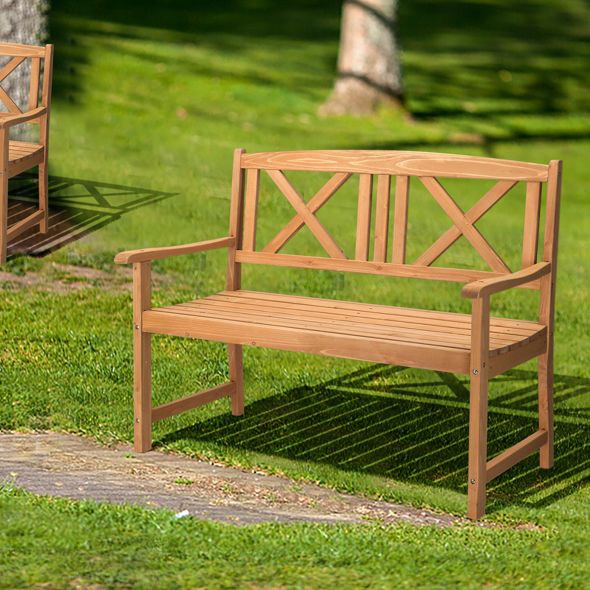 Haoyye Outdoor Garden Bench with X Back Design, Solid Fir Wood Construction in Burlywood Finish, Rustic Folding Wooden Patio Bench for Porch, Deck, Balcony, Backyard or Lawn, Durable and Weather Resistant Seating