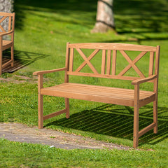 Haoyye Outdoor Garden Bench with X Back Design, Solid Fir Wood Construction in Burlywood Finish, Rustic Folding Wooden Patio Bench for Porch, Deck, Balcony, Backyard or Lawn, Durable and Weather Resistant Seating