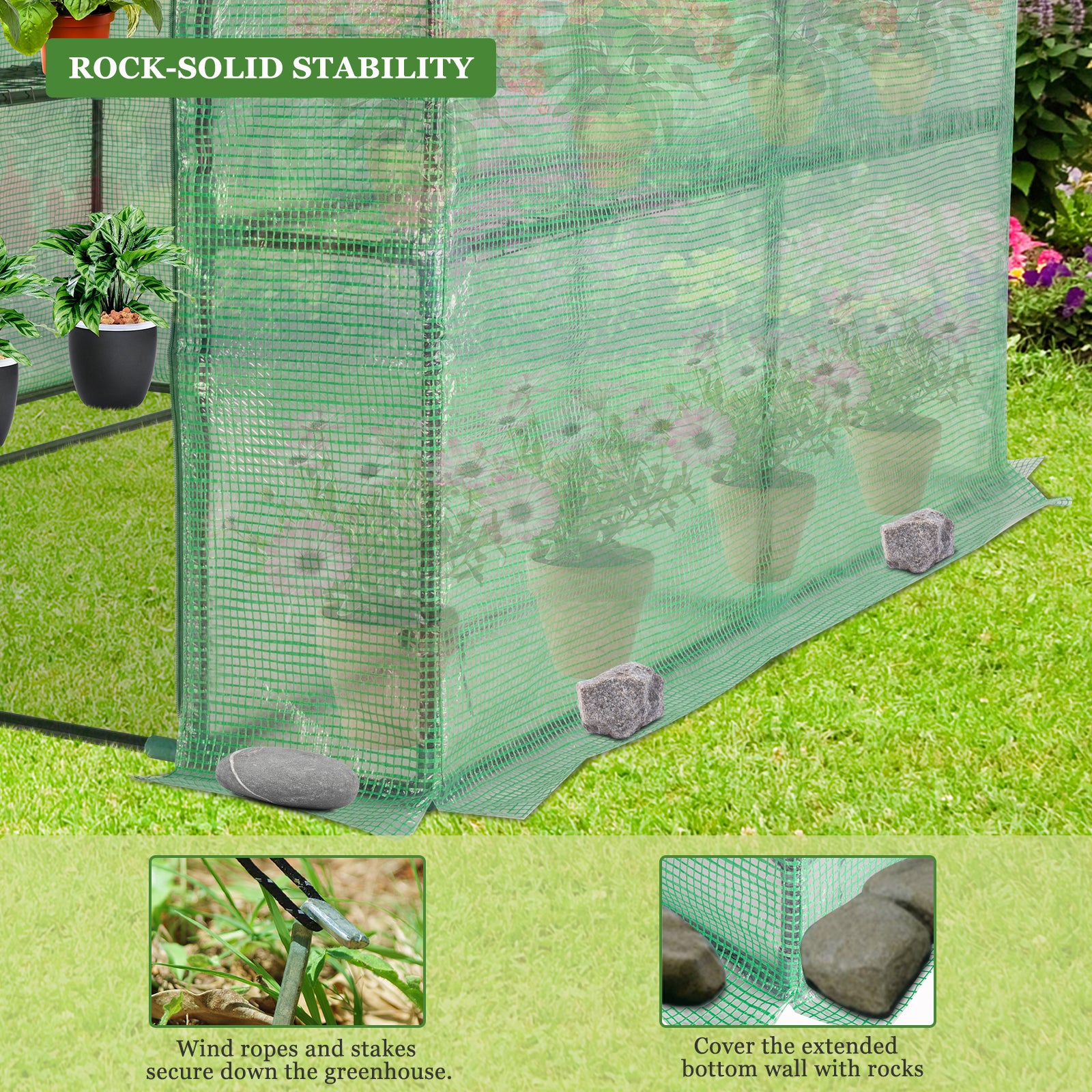 HAOYYE Outdoor Walk-In Greenhouse with 8 Tier Shelves and Zippered Door, Heavy Duty PE Cover Plant Stand for Patio Balcony Garden, Portable Steeple Frame Green Grow House