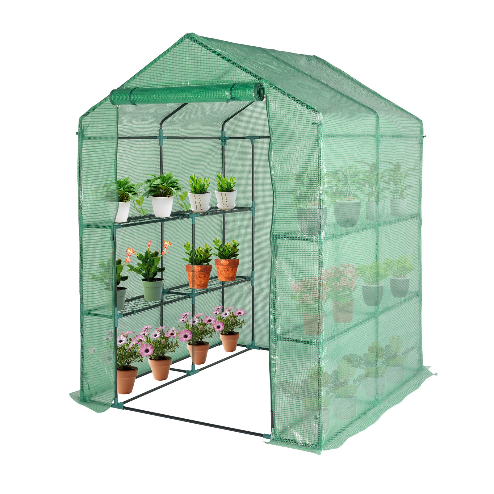 HAOYYE Outdoor Walk-In Greenhouse with 8 Tier Shelves and Zippered Door, Heavy Duty PE Cover Plant Stand for Patio Balcony Garden, Portable Steeple Frame Green Grow House